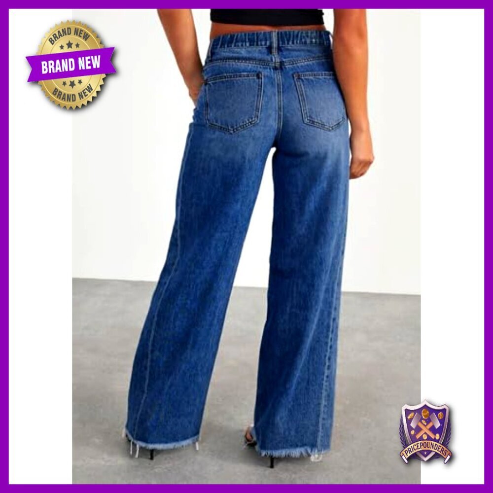 Plus Size Wide Leg Jeans Elastic High Waist Stretchy Raw Hem Denim Pants - Picture 2 of 7